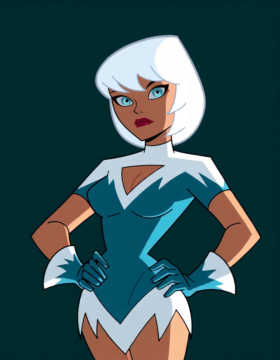 icedc, white hair, 1girl, short hair, blue eyes, solo, lipstick, breasts, cleavage cutout, makeup, cleavage, blue dress, blue gloves, fur boots <lora:IceDCIllustrious1.0JLFO:1> simple background, looking at viewer, hand on own hip, cowboy shot,
