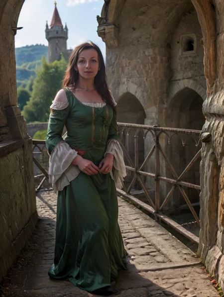 Hyperrealistic art beautiful cute 40 y.o. <lora:Mjulla_XL:1.2> Julka girl is standing next to castle bridge, wearing green baroque dress, castle in background . Extremely high-resolution details, photographic, realism pushed to extreme, fine texture, incredibly lifelike <lora:polyhedron_god rays-000007:0.4> <lora:Castle_manor:0.6>