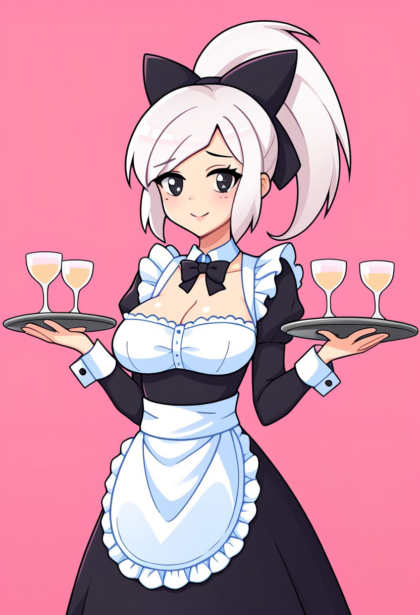 score_9, score_8_up, score_7_up, score_6_up, score_5_up, score_4_up, source_cartoon, <lora:confetti-extract- ponyxl:0.85>, detailed eyes, easynegative, rating_explicit, Expressiveh, 1girl, solo,
Geraldine, white hair, ponytail, sidelocks, hair bow,  bowtie, black eyes, black bow, swept bangs, high ponytail, looking at viewer, blush, shy smile, maid, madi apron, maid headdress, long sleeves, maid-cafe-maid, big breasts, waiter's tray, holding waiter's tray