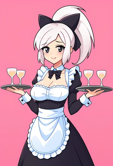 score_9, score_8_up, score_7_up, score_6_up, score_5_up, score_4_up, source_cartoon, <lora:confetti-extract- ponyxl:0.85>, detailed eyes, easynegative, rating_explicit, Expressiveh, 1girl, solo,
Geraldine, white hair, ponytail, sidelocks, hair bow,  bowtie, black eyes, black bow, swept bangs, high ponytail, looking at viewer, blush, shy smile, maid, madi apron, maid headdress, long sleeves, maid-cafe-maid, big breasts, waiter's tray, holding waiter's tray
