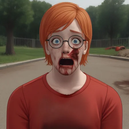 Outdoors,basement,looking at viewer, scared, shocked, sad look,1man,ugly face,skinny, glasses, ginger bob hair,blue eyes, red t-shirt, freckled face,Gorecore,horror,gore,disturbing,death,blood,murder,dismembered,slasher imagery,violence,red