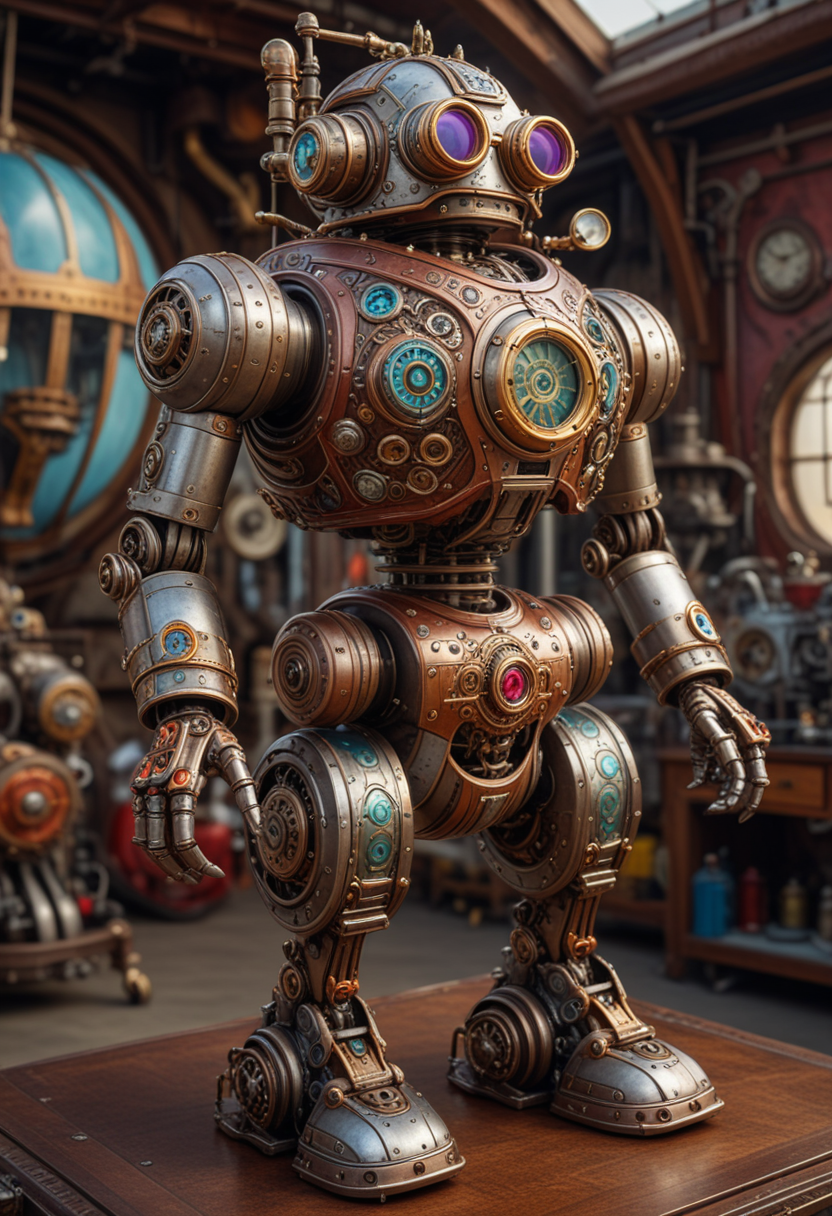(medium full shot) of ornate steampunk robot, steel body, with equipped with goggles, helmet with intricate designs, hydraulic legs, mechanical tool, set in  a vibrant airship, with colorful designs, dynamic machinery, modern tools, and eclectic decor , Masterpiece,best quality, photo, realistic, very aesthetic