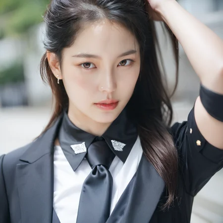 <lora:NamikoPonySRV203:1>, :Namiko, <lora:add-detail-xl:0.5>, [5]a stunning real medium breasts Korean woman with long, flowing dark hair, her piercing gaze directly addressing the viewer. score_9, score_8_up, score_7_up, 4k, high quality, (best quality:1.1), realistic, photorealistic, close-up, upper body, (ultra HD quality details), High Fashion, A highly detailed, realistic digital photo of a Korean woman 28yo with a pale complexion, emphasizing her enigmatic and mystical aura,, high resolution, rich textures, and contemplative mood. Her eyes are a deep piercing and  brown, dynamic, dramatic, haute couture, elegant, ornate clothing, dark straight hair with a few loose strands framing her face, against a cyan gradient background, Realistic photograph, Movie light, film grain, skirt, necktie, shirt, blurry background, white shirt, blurry, black hair, outdoors, black necktie, grey skirt, collared shirt, ponytail, shirt tucked in, pencil skirt, long sleeves, arm up, lips, long hair, brown eyes, brown hair,