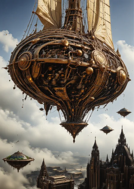 Colossal steampunk airship, ornate brass and copper detailing, sails billowing, hovers majestically above a sprawling Victorian-era cityscape. Intricate gears and pistons visible through translucent panels. Propellers whir, emitting wisps of steam. Crew members in elaborate goggles and top hats tend to gleaming machinery on the deck. Zeppelin-like envelope adorned with elaborate filigree patterns. City below shrouded in mist, clocktowers and chimneys pierce the fog. Golden sunlight glints off polished surfaces. Floating islands with hanging gardens drift nearby. Smaller vessels buzz around like mechanical insects. Hyper-detailed, 8K resolution, photorealistic rendering, atmospheric lighting, cinematic composition, <lora:moxiePunk_v20.safetensors:0.8:0.8> <lora:Sinfully_Stylish_.02_for_FLUX-000002.safetensors:0.8:0.8> <lora:flux.1_lora_flyway_Epic-detail_v2.safetensors:0.8:0.8>