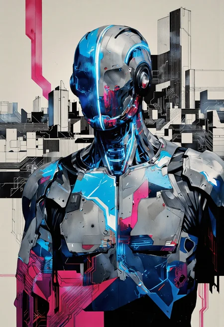 Inkquaria A stoic cyborg sentinel depicted in a tapestry of angular panels and electric tones, his body segmented into radiant cybernetic plates with glowing seams. Neon blues, steel grays, and violent pinks map his form like a digital camouflage. Behind him, a dystopian skyline rises, composed of abstracted circuitry and polygonal data towers. A mix of 1980s retro sci-fi poster design and the digital abstraction of glitch art, this image projects strength, solitude, and a strange sense of hope.