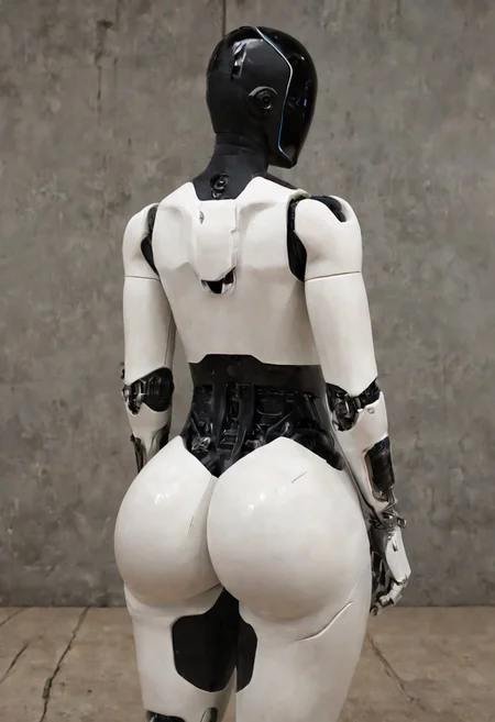 TOptimus, robot, no face, glossy black head, white body, solo, thighs, faceless, robot joints, Humanoid robot, ass, butt, big ass, juicy ass, gigantic ass, ass focus, back view, looking at viewer, back view, 1boy