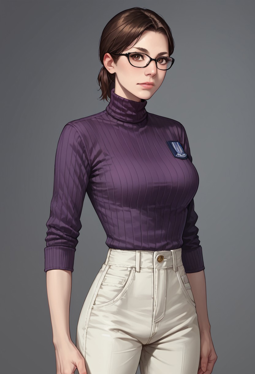 score_9, score_8_up, score_7_up, score_6_up, source_realistic, BREAK 1girl, solo, ninataylor, brown hair, short ponytail, brown eyes, glasses, purple turtleneck, uniform pants,