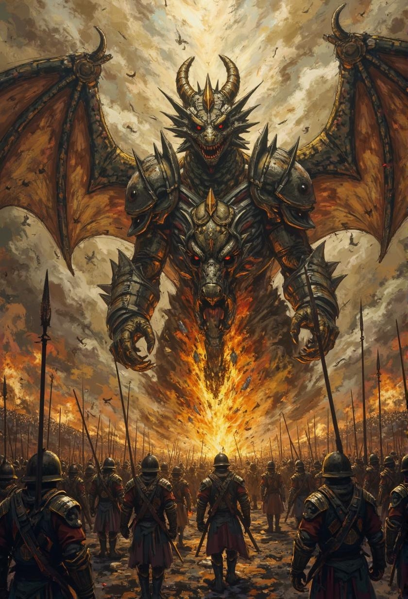 <lora:ck-Ivan-Beslic-Art-Style-000019.safetensors:1> A highly detailed and vibrant digital painting in the style of ck-ib
A massive three-headed dragon dominates the apocalyptic battlefield, its fiery breath illuminating the dark, sepia-toned landscape. The army of brown-clad soldiers surrounds it, their faces set in determination as they clash with an ancient, organic-appearing armor-clad beast. Smoke and ash hang heavy over the scene, which crackles with movement and tension amidst a backdrop of unyielding conflict.