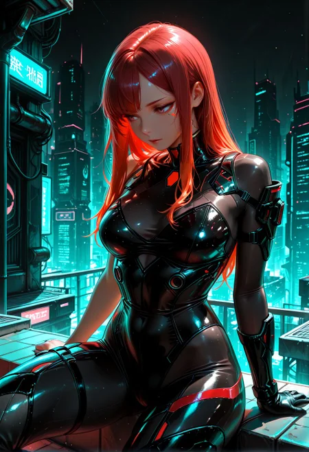 Smooth Quality, cyberpunk, 1girl, armor, black bodysuit, long hair, red hair, single glove, solo, sitting on rooftop, cowboy shot, <lora:Smooth_Booster:0.5> <lora:Smooth_Lighting_Enhancer:0.25>