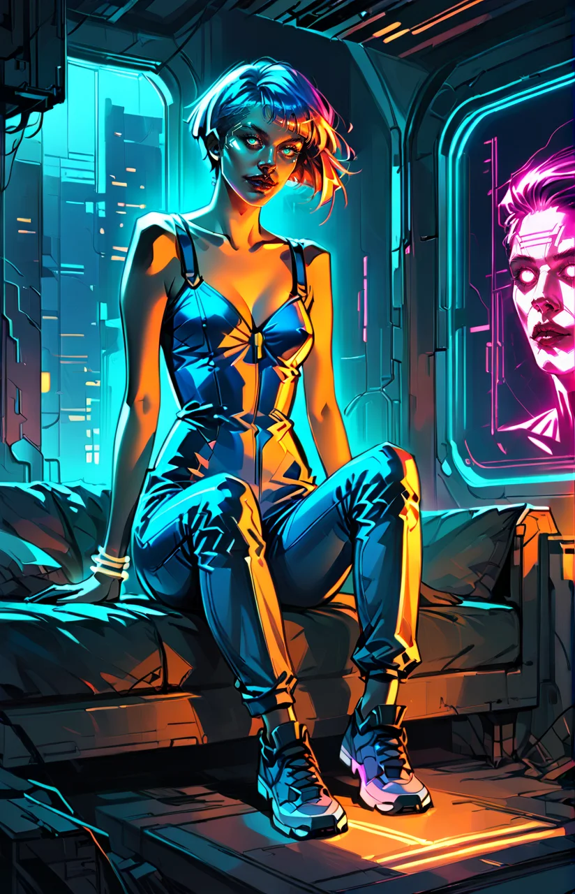 score_9_up, score_8_up, score_7_up ,masterpiece, absurdres, photorealistic, smooth skin,
Mischievous_Emotion, Short_Blue_Hair, Pixie_Cut, Neon_Jumpsuit, Futuristic_Sneakers, Metal_Bracelets, Cyberpunk_Apartment_Environment, Holographic_Screens, Glowing_Furniture, Evening_Neon_Lighting, Close_Perspective, Futuristic_Theme,
<lora:Roxxin_Cute_Style_1.0:0.9>