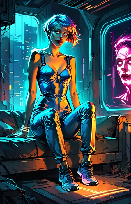score_9_up, score_8_up, score_7_up ,masterpiece, absurdres, photorealistic, smooth skin,
Mischievous_Emotion, Short_Blue_Hair, Pixie_Cut, Neon_Jumpsuit, Futuristic_Sneakers, Metal_Bracelets, Cyberpunk_Apartment_Environment, Holographic_Screens, Glowing_Furniture, Evening_Neon_Lighting, Close_Perspective, Futuristic_Theme,
 <lora:Roxxin_Cute_Style_1.0:0.9>