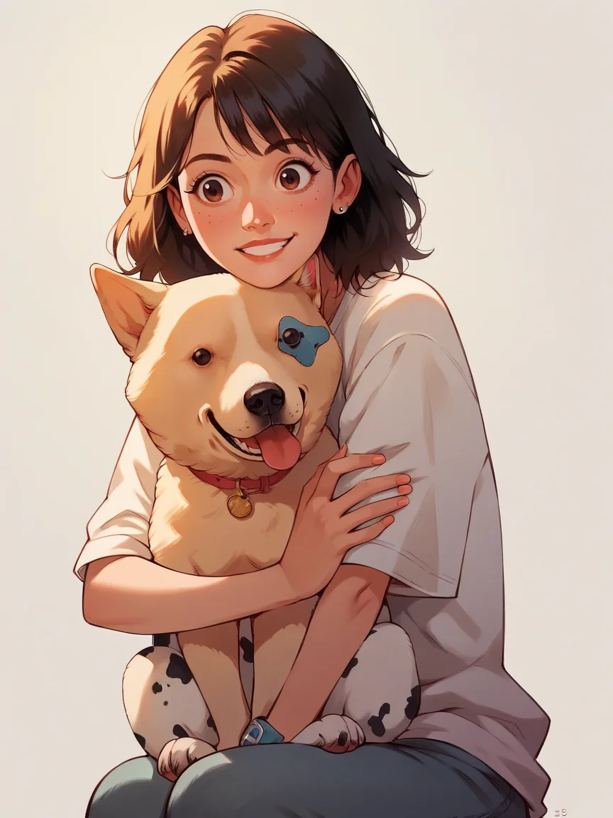 score_9, score_8_up, score_7_up, score_6_up, score_5_up,  <lora:b3ckXLP:1> b3ck, dog, <lora:p3tl0v3XLP:1> p3tl0v3, 1girl, hugging