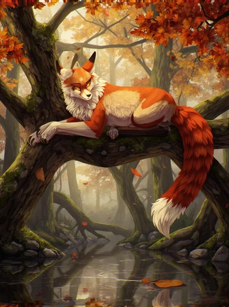 <lora:ck-LttleGhost-000011.safetensors:1> in the style of ck-lttlegh0stThe illustration depicts a majestic red fox lounging on a gnarled tree branch above a serene autumn pond. The fox's vibrant orange and white fur is set against the muted tones of the forest, evoking the eternal struggle between light and darkness. The surrounding leaves appear to hold secrets and mysteries, while the water reflects an air of reverence. The fox's eyes seem to glow with an otherworldly intensity, guiding the viewer on a journey through the realms of the subconscious.