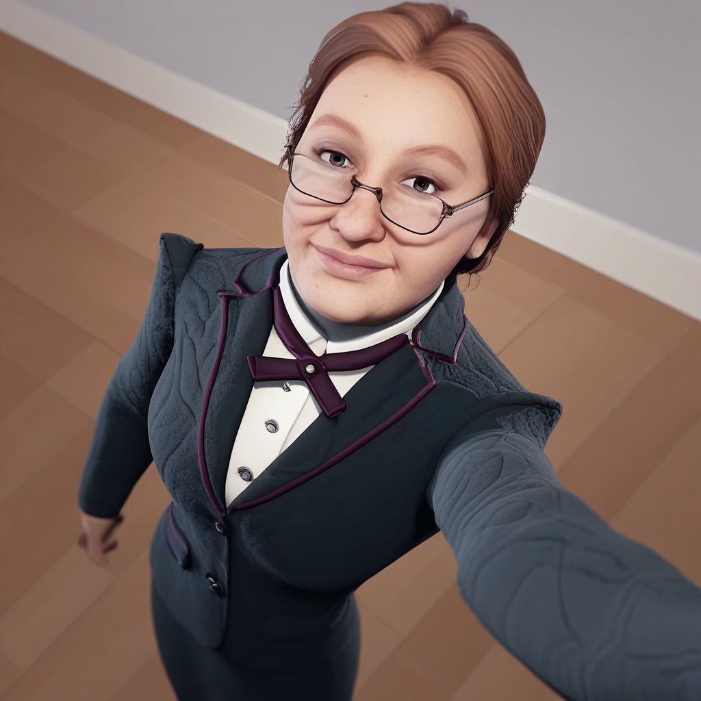 score_9, solo, prof_weasley, 1girl, brown hair, glasses, formal dress, selfie, from above