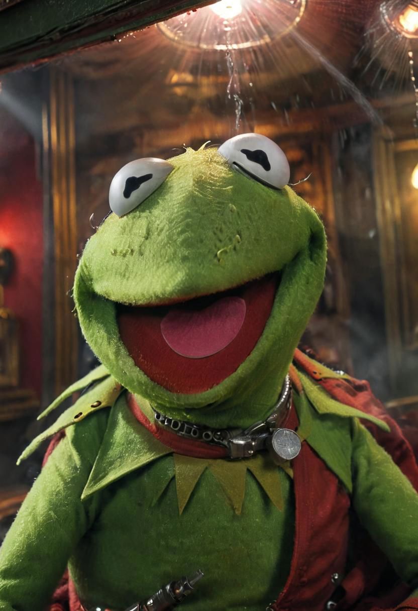 Super Closeup Portrait, action shot, crazy laughing, dystopian bdsm Kermit, drunk, Holding crack pipe in Air, in Cozy messy red corduroy bed, rainy hyrule through Window, 80s DARK dystopian Blade Runner Flair, dynamic Scene, very detailed, uhd, masterpiece, light beams