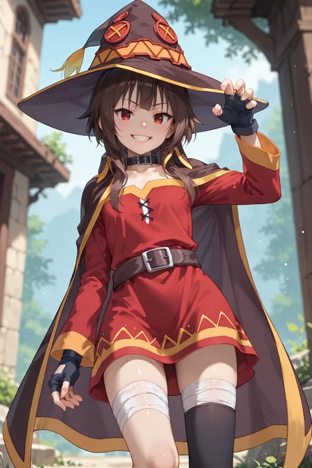 score_9, score_8_up, score_7_up, high detailed, best quality, extremely detailed, high detailed, (atmospheric perspective), blurry background, uncensored
1girl, solo, brown hair, red eyes, outdoors, small breasts, lips, nature, standing, day, bangs, medium hair, slim, slender,
BREAK
Megumin,hat,witch hat,brown hair,short hair,bangs,short hair with long locks,red eyes,collar,choker,cape,black cape,dress,red dress,long sleeves,gloves,black gloves,fingerless gloves,belt,thighhighs,black thighhighs,bandages,bandaged leg,asymmetrical legwear,boots,
<lora:Fant5yP0ny:0.4> <lora:Megumin_Illustrious:0.5> <lora:lora:0.5>
looking at viewer, smile, dynamic pose, facing at viewer, head tilt, open stance, evil grin, claw pose, dutch angle, from below