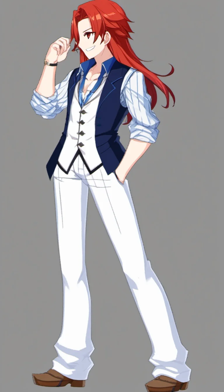 1boy, aged up, long hair, red hair, light smile, white vest, open clothes, blue shirt, casual clothes
fgo sprite, full body, standing
<lora:fgo_sprites_xl_lora-step00007000:1>