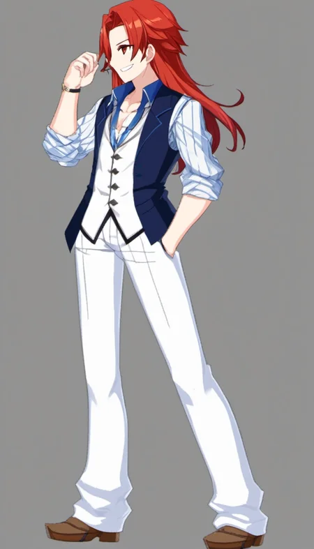 1boy, aged up, long hair, red hair, light smile, white vest, open clothes, blue shirt, casual clothes
fgo sprite, full body, standing
<lora:fgo_sprites_xl_lora-step00007000:1>
