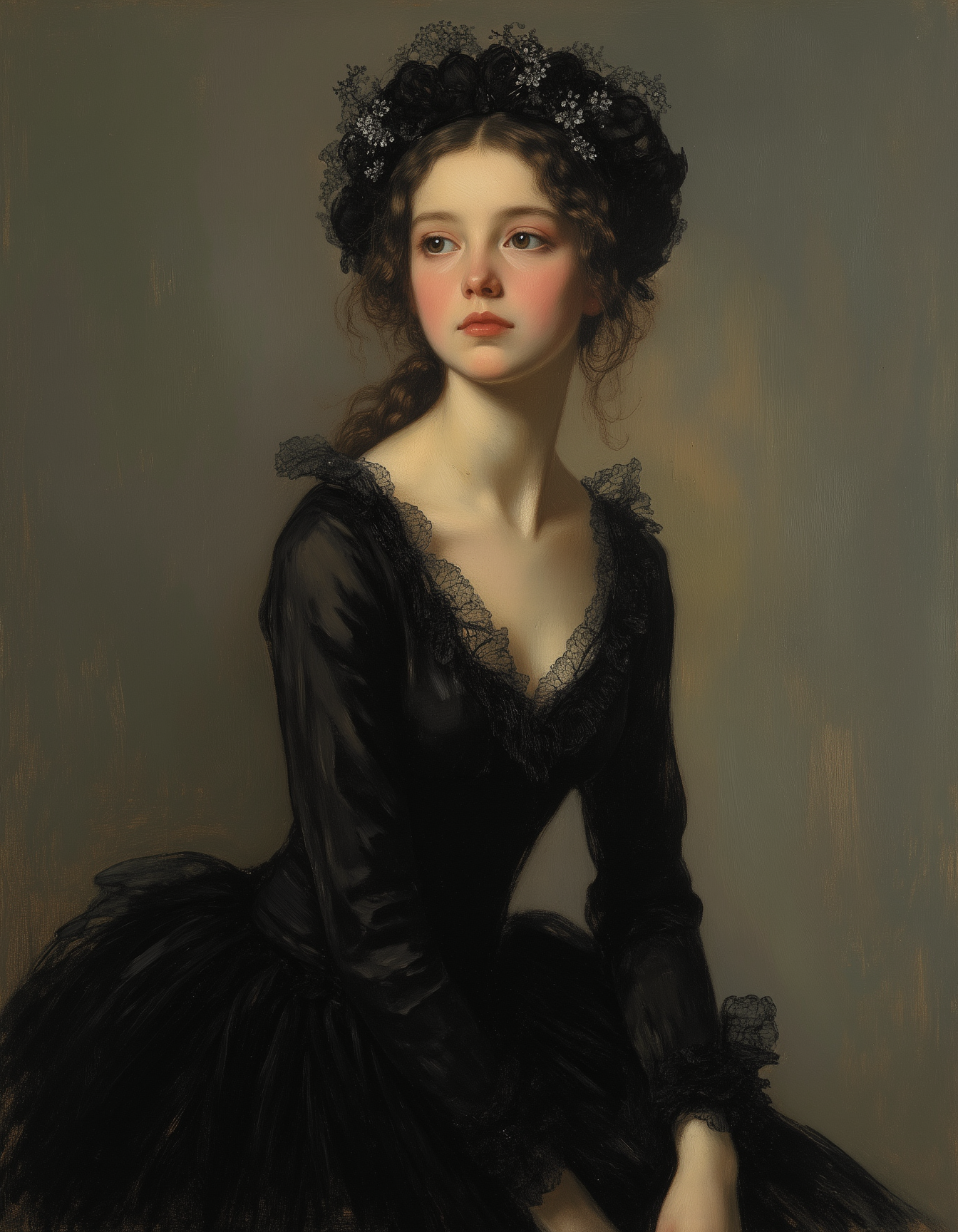 Masterpiece, high quality, Oil Painting, Hyper-realistic, hyper-detailed oil painting, a surreal painting, a serene pale tween ballet dancer, black long sleeve leotard and tutu, graceful, dreams, Masterpiece, intricate lines, skinny and petite body, intriguing atmosphere, sharp magnificent details, delicate features, elaborate details, (2/3 rule composition:0.5), ultra detailed, romantic, Rembrandt lighting, brush stroke, lovely, del1cate_balance style, novuschroma, FS, in the style of Rembrandt. vantablack <lora:style_of_Rembrandt_FLUX_135:.8> <lora:- Flux1 - vanta_black_V2.0:.8> <lora:Delicate_Balance:.3> <lora:neeeg_f1:-1> <lora:113_novuschromaFLX_1:.4> <lora:FS_v2:.4>