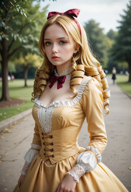 score_9, score_8_up, score_7_up, score_6_up, score_5_up, score_4_up,solution, long hair, blonde hair, blue eyes, red bow, drill hair, parted bangs, forehead, bow, hair bow, solo, yellow victorian dress, victorian skirt,
BREAK
park, angled shot, dynamic pose, dynamic angle