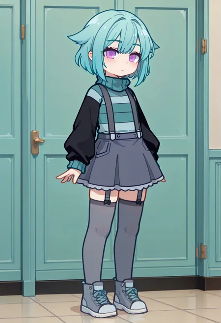 masterpiece,best quality,amazing quality,ShinGGy, ShinGGyGacha, girl, purple eyes, blue hair, turquoise hair, striped gray sweater, black sleeves, long sleeves, gray skirt, suspenders, gray stockings with garters, grey shoes, hair_flaps, short hair.