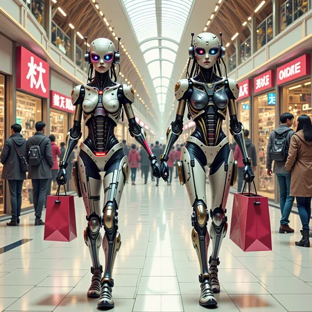 A caricature of two cyborg women walking through a shopping arcade, wearing futuristic headgear, holding shopping bags