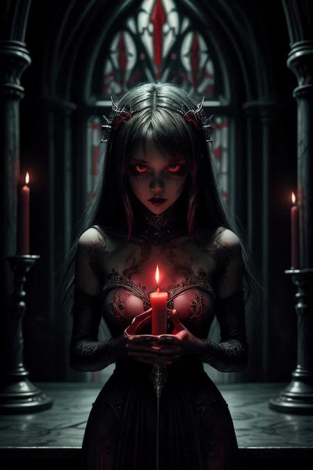 nsfw, uncensored, vamptech, beautiful woman wearing elegant dress, standing in front of a stained glass window, blood red candles, blood, atmospheric lighting, bloom, thick lines, masterpiece, shallow depth of field, sharp focus, holding gothic blood red candle, inviting expression, body horror, demon girl, monster girl, dark, gothic, glowing, 1970s Horror Style, 1970s_horror_style, skulls, blood and gore, daggers, gothichorrorai
<lora:add_detail:1> <lora:pytorch_lora_weights(1):0.7> <lora:VampiricTech:0.7> <lora:last:0.3> <lora:Addams:0.3>