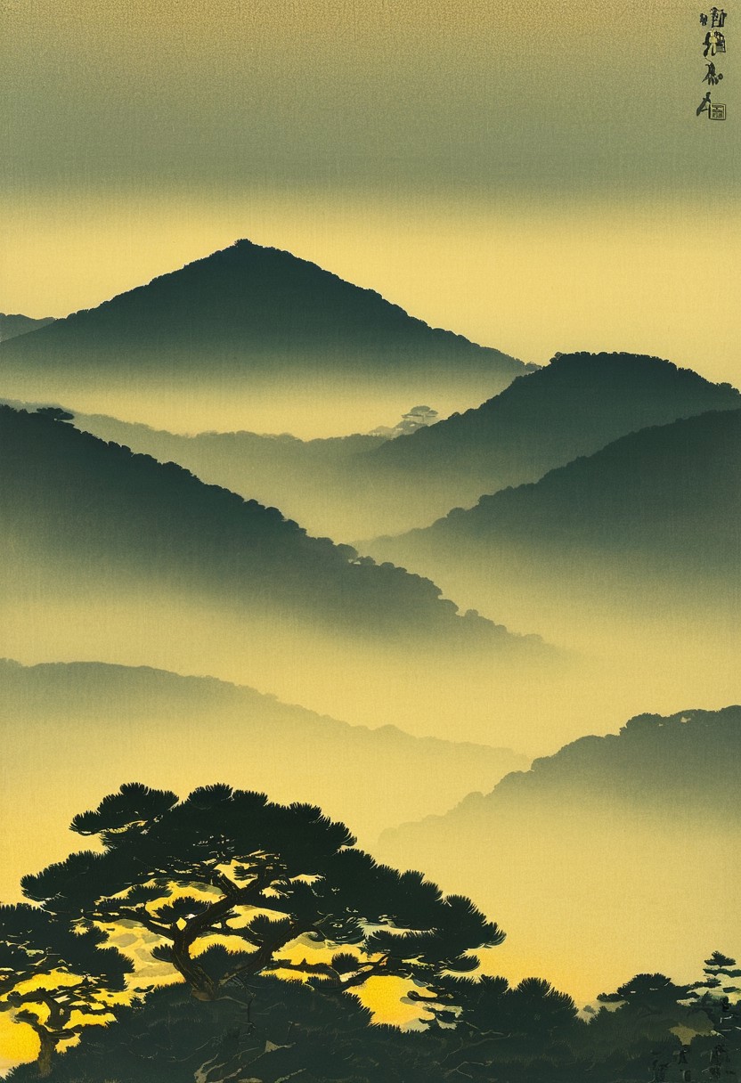 Morning Fog at Mount Tsukuba, pale mist enveloping pine trees, temple rooftops shimmering in muted gold contrast.