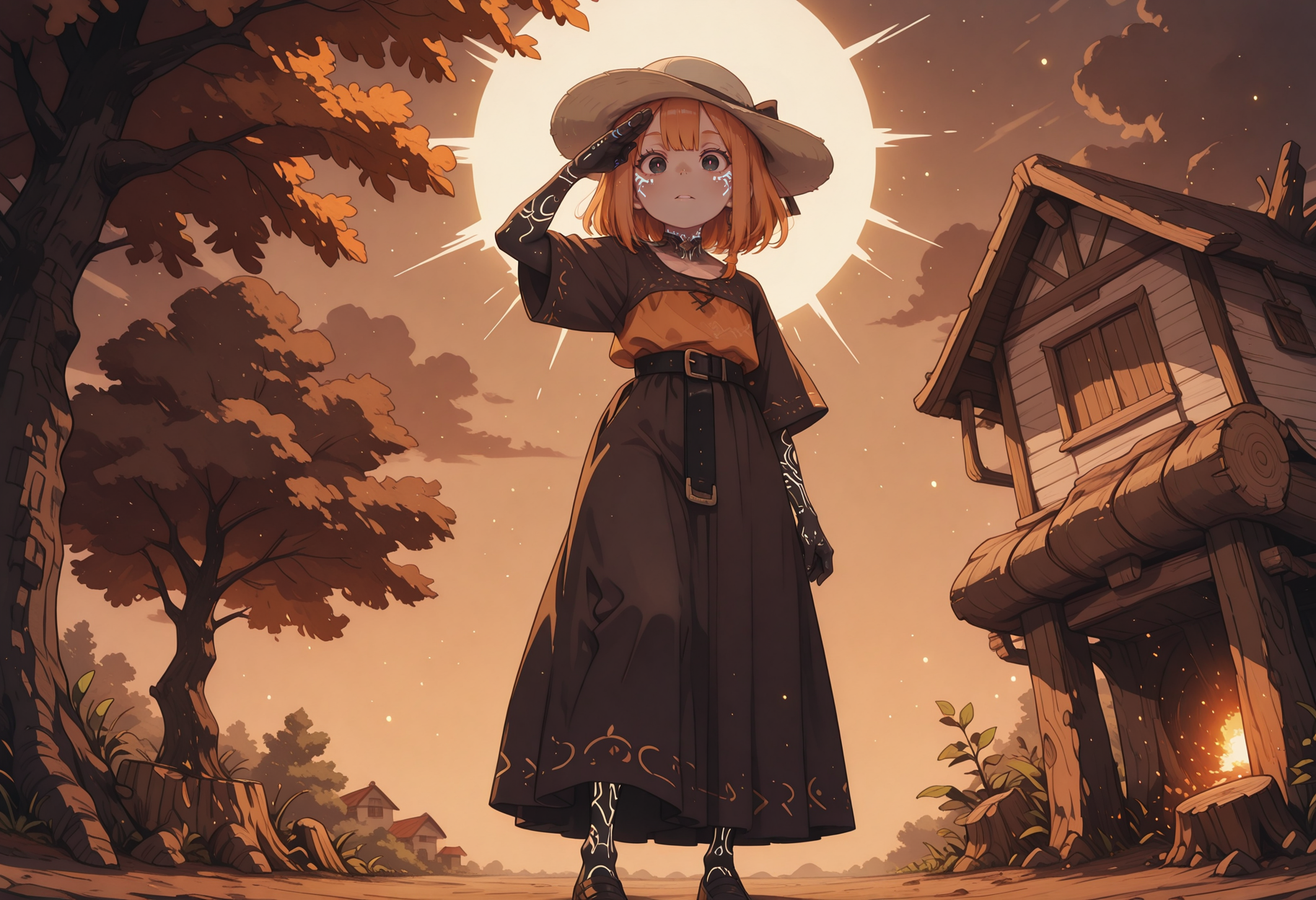 masterpiece,best quality,amazing quality, solo, vibrant, anime screencap, anime coloring, shadows, light particles, colorful, 
1girl,  curtain bangs, soft Orange hair,  black eyes,  young,       prosthetic limbs,   fair skin full body tattoo, glowing tattoo,, , guilty expression, 
  salute, from below, front view, (dynamic pose:1.1),
  sun hat,           large belt, 
 traditional clothes, extravagant clothes, long skirt,
fantasy, fantasy theme, vineyard, vibrant Brown clouds, tree stump, house,  
 <lora:StS-Illustrious-Detail-Slider-v1.0:1> <lora:re4lity:0.4> re4lity_sync_illu <lora:capstyle:0.3> cpsle2 <lora:setcolor:0.3> setcolor <lora:anime_screencap-IllustriousV2:0.8> <lora:SweetCreamCake_IL:0.6> <lora:feet_anime_il_v3:1> <lora:Mimizunooka-ArtStyle:0.4> n00k4-style <lora:LitSilium-ArtStyle:0.3> s1l1um-style <lora:- iLL - the_edgy_mech_V3.0:0.4> <lora:BSS_GLSHS-IL:0.2> GLSHS, delicate colors, partially illuminated, <lora:S4bit4mago:0.8> S4bit4mago_illu,