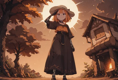 masterpiece,best quality,amazing quality, solo, vibrant, anime screencap, anime coloring, shadows, light particles, colorful, 
1girl,  curtain bangs, soft Orange hair,  black eyes,  young,       prosthetic limbs,   fair skin full body tattoo, glowing tattoo,, , guilty expression, 
  salute, from below, front view, (dynamic pose:1.1),
  sun hat,           large belt, 
 traditional clothes, extravagant clothes, long skirt,
fantasy, fantasy theme, vineyard, vibrant Brown clouds, tree stump, house,  
 <lora:StS-Illustrious-Detail-Slider-v1.0:1> <lora:re4lity:0.4> re4lity_sync_illu <lora:capstyle:0.3> cpsle2 <lora:setcolor:0.3> setcolor <lora:anime_screencap-IllustriousV2:0.8> <lora:SweetCreamCake_IL:0.6> <lora:feet_anime_il_v3:1> <lora:Mimizunooka-ArtStyle:0.4> n00k4-style <lora:LitSilium-ArtStyle:0.3> s1l1um-style <lora:- iLL - the_edgy_mech_V3.0:0.4> <lora:BSS_GLSHS-IL:0.2> GLSHS, delicate colors, partially illuminated, <lora:S4bit4mago:0.8> S4bit4mago_illu,