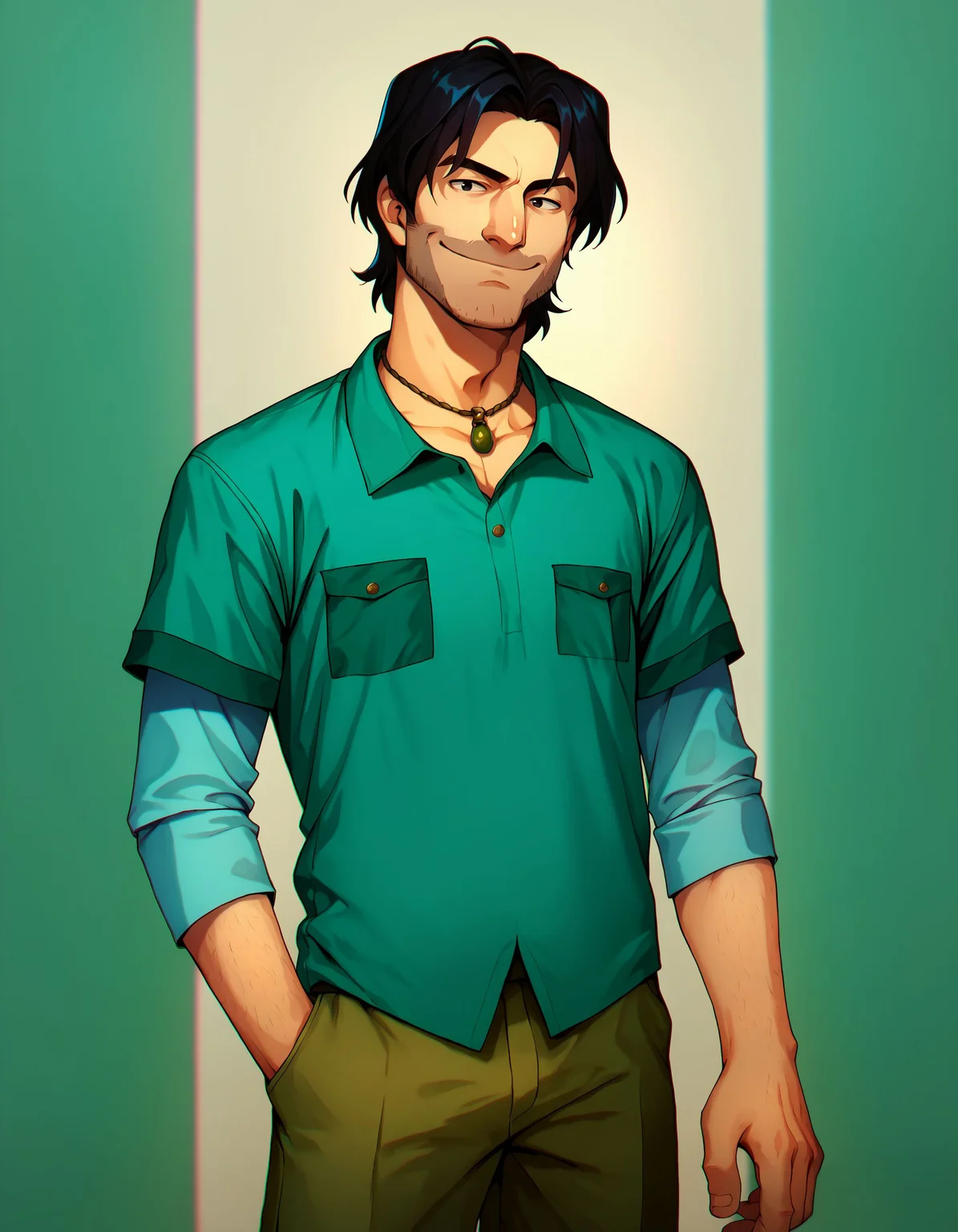 score_9, score_8_up, score_7_up, score_6_up, source_cartoon, 1boy, mature male, chrsmcln, black hair, black eyes, facial hair, necklace, smirk, aqua shirt, dock background, chromatic aberration, masterpiece, flat color, dramatic <lora:diffusiondudes_ChrisMcLean_Pony_V1-13:0.8>