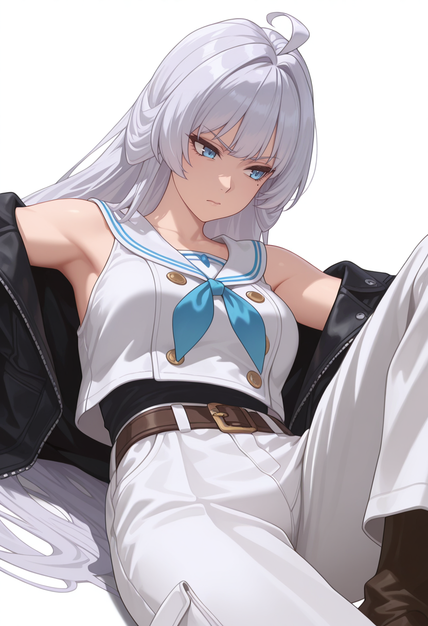 Smooth Quality,masterpiece,very intricate, high quality details, ultra realistic, high detailed skin,detailed enviorement,absurdres,
simple background, white background, 
dynamic angle,reclining, one leg over other, arm on backrest, calm, composed,  ,disgust,
double-breasted jacket,  ,sailor shirt,  ,jogger pants,  ,
 <lora:Crylet_Kureha_cnn:0.8>kurehacnn,1girl,bangs, blue eyes, ahoge, mole,  bare shoulders, grey hair, very long hair,