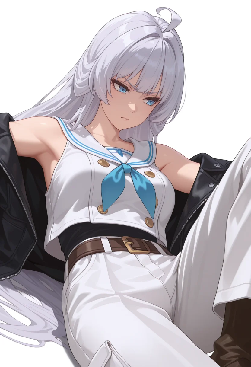 Smooth Quality,masterpiece,very intricate, high quality details, ultra realistic, high detailed skin,detailed enviorement,absurdres,
simple background, white background,
dynamic angle,reclining, one leg over other, arm on backrest, calm, composed, ,disgust,
double-breasted jacket, ,sailor shirt, ,jogger pants, ,
<lora:Crylet_Kureha_cnn:0.8>kurehacnn,1girl,bangs, blue eyes, ahoge, mole, bare shoulders, grey hair, very long hair,