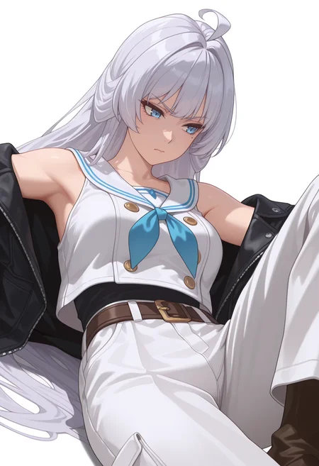 Smooth Quality,masterpiece,very intricate, high quality details, ultra realistic, high detailed skin,detailed enviorement,absurdres,
simple background, white background,
dynamic angle,reclining, one leg over other, arm on backrest, calm, composed, ,disgust,
double-breasted jacket, ,sailor shirt, ,jogger pants, ,
<lora:Crylet_Kureha_cnn:0.8>kurehacnn,1girl,bangs, blue eyes, ahoge, mole, bare shoulders, grey hair, very long hair,