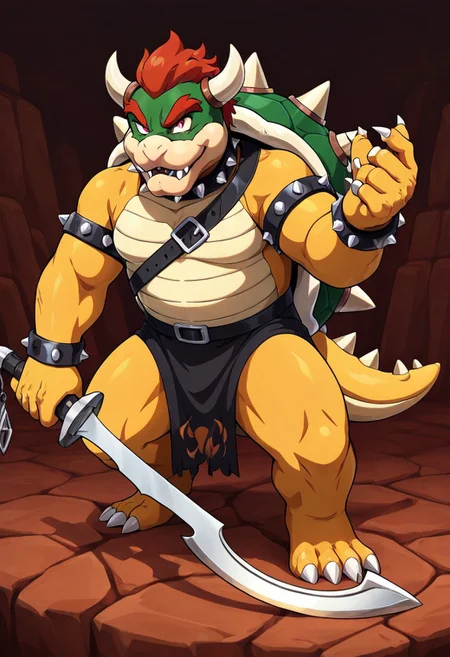 masterpiece, best quality, newest, absurdres, highres, anime, anime style, holding sword, holding weapon, holding, KHV1.0, khopesh, sword, weapon, 1boy, bowser, spikes, spiked shell, spiked tail, spikes, turtle shell, horns,
