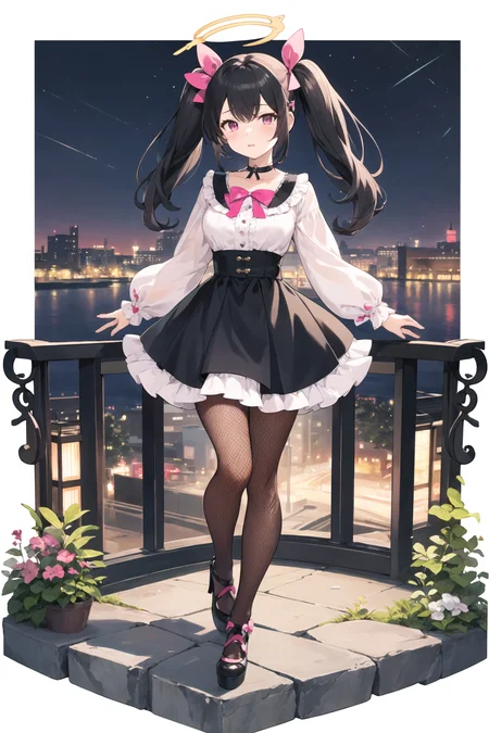 masterpiece, best quality, 1girl, solo, long_hair, looking_at_viewer, bangs, skirt, shirt, black_hair, long_sleeves, bow, ribbon, twintails, hair_bow, heart, pantyhose, frills, shoes, choker, blunt_bangs, black_skirt, pink_eyes, halo, frilled_skirt, pink_bow, fishnets,pink_shirt, fishnet_pantyhose, platform_footwear, pink_theme, pill, jirai_kei, night, cityscape, pink background, tachi-e, full body, white background, <lora:tachi-e:1>