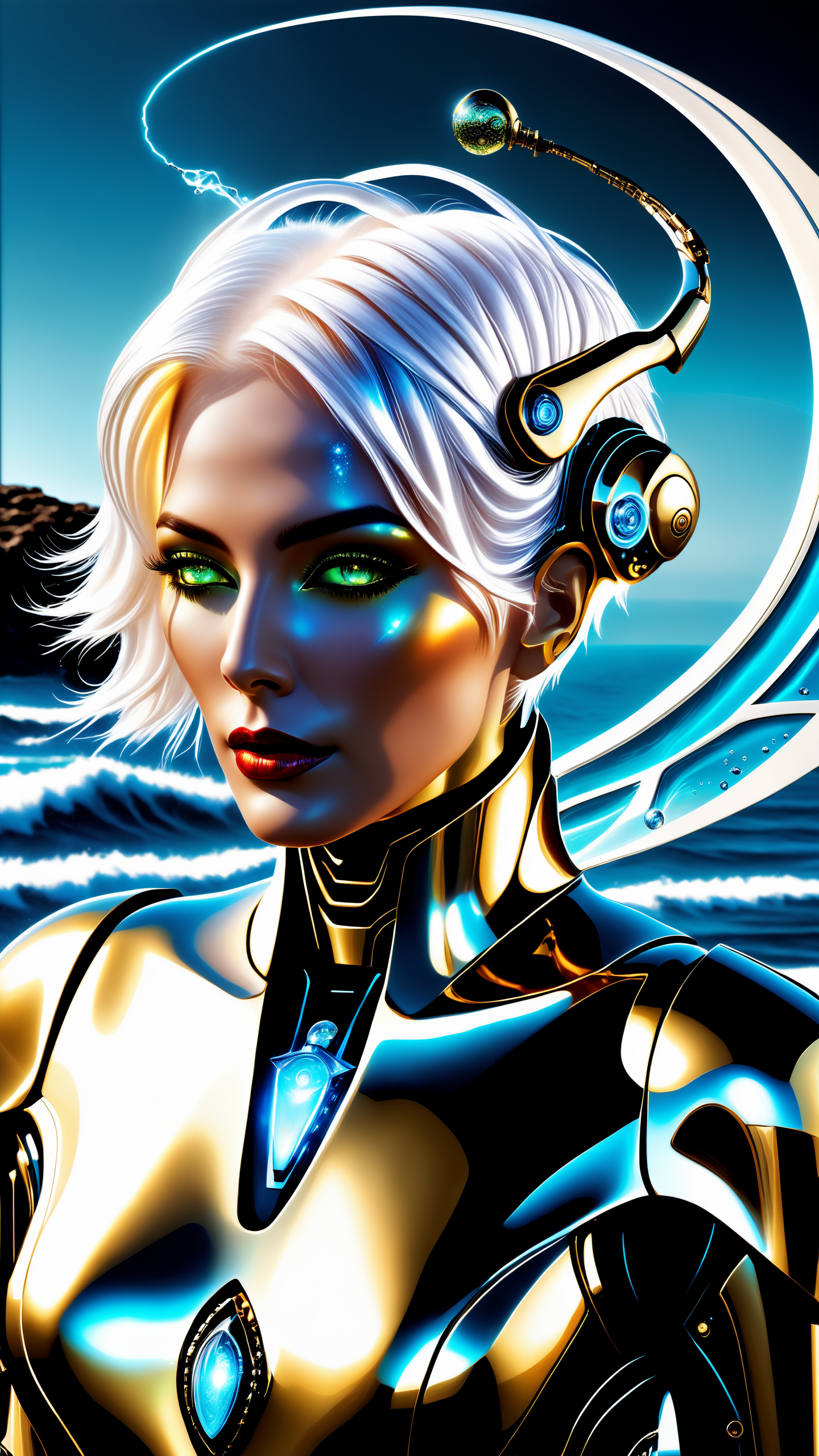 1 cyborg, (masterpiece, best quality, ultra high res:1.2), 1girl, (abstract art:1.3), half demon, best quality, masterpiece, ultra high res, waves in background, water dragon, water balls, nature light, photo realistic, (masterpiece, best quality:1.4), (absurdres, highres, ultra detailed:1.2), (handsome man:1.3),(using dark magic:1.4),water magic,playful illustrations, imaginative overlays, artistic fusion,fantastical scenes, evocative narratives, striking visuals, upper body, white hair short hair one side up, robot eyes, armor, (biomechanical cyborg:1.3), (exposed robotic internals:1.2), electro-mechanical, (glowing:1.5), flawless cybernetics, (gold, white:1.3), (black:0.8), servo joints, perfect proportions, gorgeous porcelain face, in a luxury apartment, top floor balcony, sunshine, noon, city below, masterpiece, detailed skin, matte skin, soft lighting, subsurface scattering,  <lora:xl_yamer_style-1.0:1>