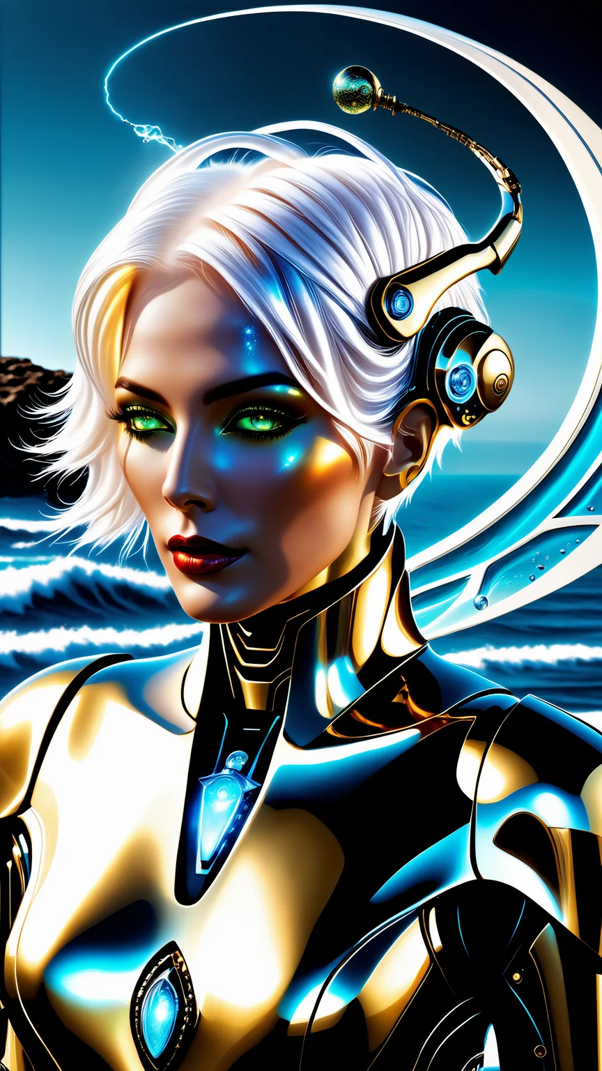 1 cyborg, (masterpiece, best quality, ultra high res:1.2), 1girl, (abstract art:1.3), half demon, best quality, masterpiece, ultra high res, waves in background, water dragon, water balls, nature light, photo realistic, (masterpiece, best quality:1.4), (absurdres, highres, ultra detailed:1.2), (handsome man:1.3),(using dark magic:1.4),water magic,playful illustrations, imaginative overlays, artistic fusion,fantastical scenes, evocative narratives, striking visuals, upper body, white hair short hair one side up, robot eyes, armor, (biomechanical cyborg:1.3), (exposed robotic internals:1.2), electro-mechanical, (glowing:1.5), flawless cybernetics, (gold, white:1.3), (black:0.8), servo joints, perfect proportions, gorgeous porcelain face, in a luxury apartment, top floor balcony, sunshine, noon, city below, masterpiece, detailed skin, matte skin, soft lighting, subsurface scattering,  <lora:xl_yamer_style-1.0:1>