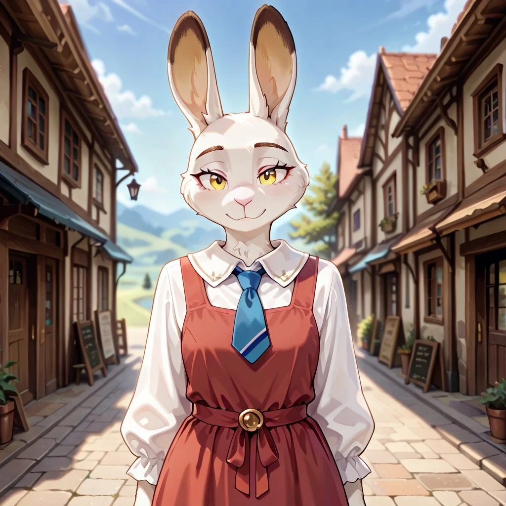 masterpiece, best quality, amazing quality, very aesthetic, solo,
harengon, furry hare, tail,
1 girl, focus woman, yellow eyes, beige skin, red sundress, sky blue tie, shirt collar,
looking at the viewer,
fantasy background, blurred background,