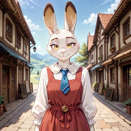 masterpiece, best quality, amazing quality, very aesthetic, solo,
harengon, furry hare, tail,
1 girl, focus woman, yellow eyes, beige skin, red sundress, sky blue tie, shirt collar,
looking at the viewer,
fantasy background, blurred background,