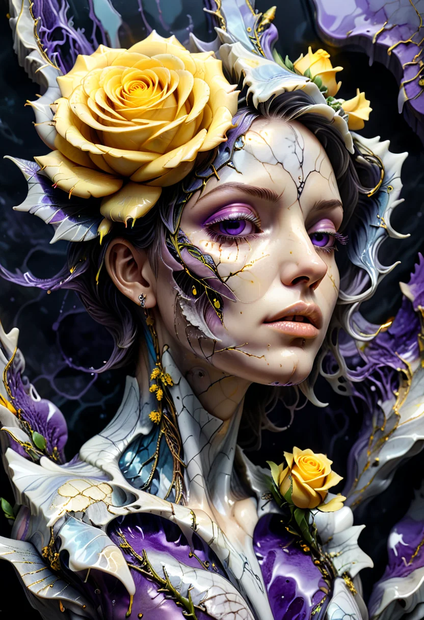 (HD, masterpiece, best quality, hyper detailed, ultra detailed, {detailed background| }, super realistic),cyberpunk woman face, cracked liquid marble, melancholic, side view, looking to the ground, tear, steam pipes connected to back neck, (feathers:1.2), (flower yellow rose:1.3), torns vines, bionic eyes open, glowing purple light, (nose piercing:1.2), petals, GeekyXL_Liquid_Marble, add-detail-xl, xl_more_art-full_v1<lora:XL\Style\GeekyXL_Liquid_Marble.safetensors:0.8:0.8> <lora:XL\Enhance\add-detail-xl.safetensors:0.6:0.6> <lora:XL\Enhance\xl_more_art-full_v1.safetensors:0.6:0.6>
