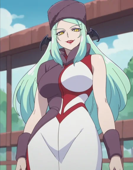score_9, score_8_up, score_7_up, anime screencap, solo,1girl,marmo, head wings, asymmetric dress,lipstick, makeup,looking at viewer, fur hat, smile,cowboy shot,looking at viewer,large breasts,wide hip,<lora:marmo:0.8>