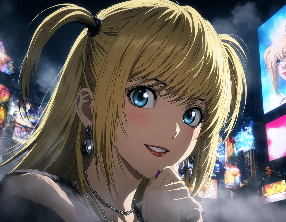 1girl, portrait of Misa Amane, death note, Modern Anime, adult female, From Death Note anime, best quality, 8K, DSLR quality, Bloom Lighting, Good Face, Beautiful Face, Slim, highly detailed, glow, extreme details, fog, smoke, blond hair, full body, happy, smile, perfect eyes, <lora:perfect-eyes:1>, perfecteyes, eyes reflection, detailed eyes, upper body, hdr quality, full of color, smoke, cinematic, night, moon light, 2010s, windy, hair swaying in wind, purple nail polish, nigh time, blue eyes, grainy, chromatic aberration, adult woman, Depth of field effect, uwu, cute, blush, perfecteyes, eyes reflection, detailed eyes, upper body, shy smile, hdr quality, hands doing cute pose, full of color, smoke, cinematic, in city, times square, no crowd, <lora:misa_amane-step00000862:1>