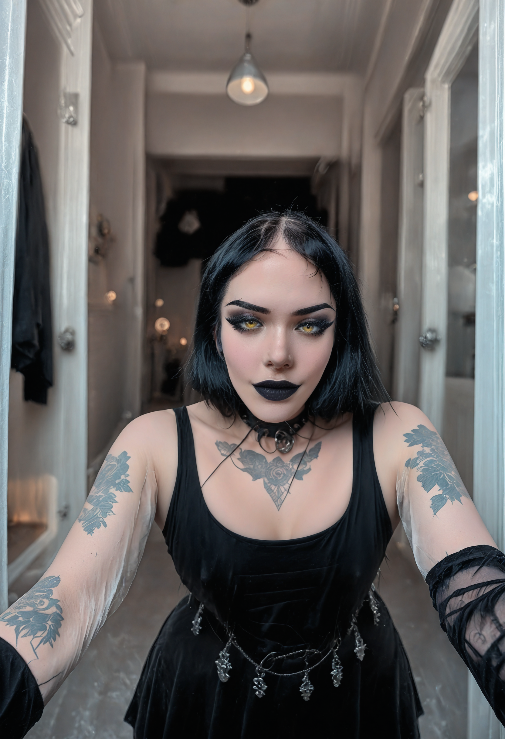 <lora:Thicc_Goth_Gf:1>photo  thicc goth gf, tattooed thick gothic woman, 1girl, golden eyes, Mahogany hair, subsurface scathering, depth of field, skin pores, detailed skin, masterpiece, best quality, newest, absurdres, highres, feeling, impact, very awa, dim lighting, sidelighting, skindentation, amazing quality, scenery, very aesthetic, newest, volumetric lighting, blending, <lora:add-detail-xl:1> <lora:cfg_scale_boost:1> <lora:sdxl_enhance:1> <lora:spo_sdxl_10ep_4k-data_lora_webui:1>