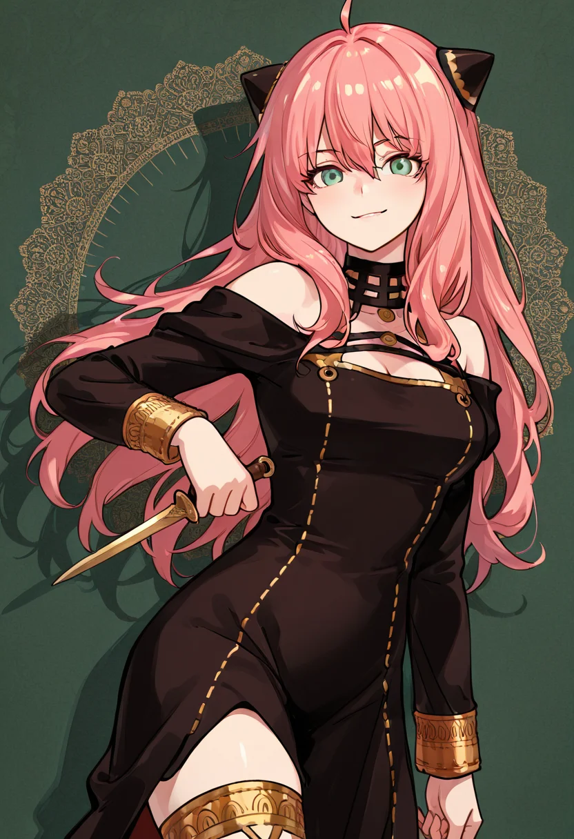 masterpiece, best quality, 1girl, solo, eyelashes, (beautiful eyes), ,<lora:AdultAnyaIXL:1.0>, zzAnya, green eyes, hair between eyes, ahoge, pink hair, long hair, hair ornament, hairpods, poised mid-motion, bold inked lines defining her silhouette, off-shoulder black dress accentuated by intricate cross-hatching, dagger pressed against her thigh, confident smirk, vintage noir aesthetic, floral patterns subtly detailed in stark contrast, sharp hatching (texture), bold lines, high contrast shadows enhancing her striking pose, cowboy shot, reminiscent of a hand-drawn graphic novel
