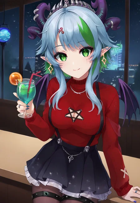 safe_pos, 1girl, solo, solo focus, highres, absurdres, FrootWinter, green hair, multicolored hair, pointy ears, green eyes, multiple horns, demon horns, bangs, short hair with long locks, earrings, streaked hair, blue hair, hair ornament,
demon wings, red sweater, cleavage cutout, clothing cutout, cleavage, black skirt, pantyhose, thigh strap, ring,
looking at viewer, smile, closed mouth, head tilt, holding cup, cocktail, hand up,
bar, neon lights, stage lights, glowstick, disco ball, night, night sky, dark,