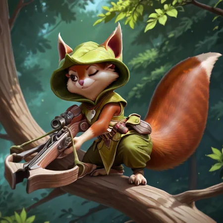 1 girl furry, Hoodwink. squirrel <lora:Hoodwink Illustrious:1>, crossbow, in a tree
