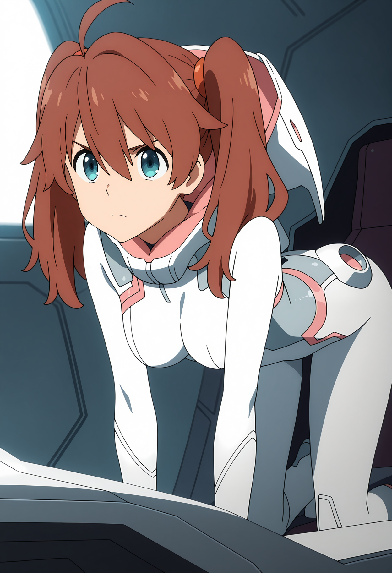 anime screencap, masterpiece, best quality,
<lora:DarlingInTheFranxx_Miku_IlluXL:0.9>,
1girl, solo, closed mouth, serious,
twintails, hair between eyes, ahoge, long hair, brown hair, blue eyes, hair tie,
white bodysuit, hood, pink trim, skin tight,
all fours,
indoors, cockpit, science fiction, blurry background