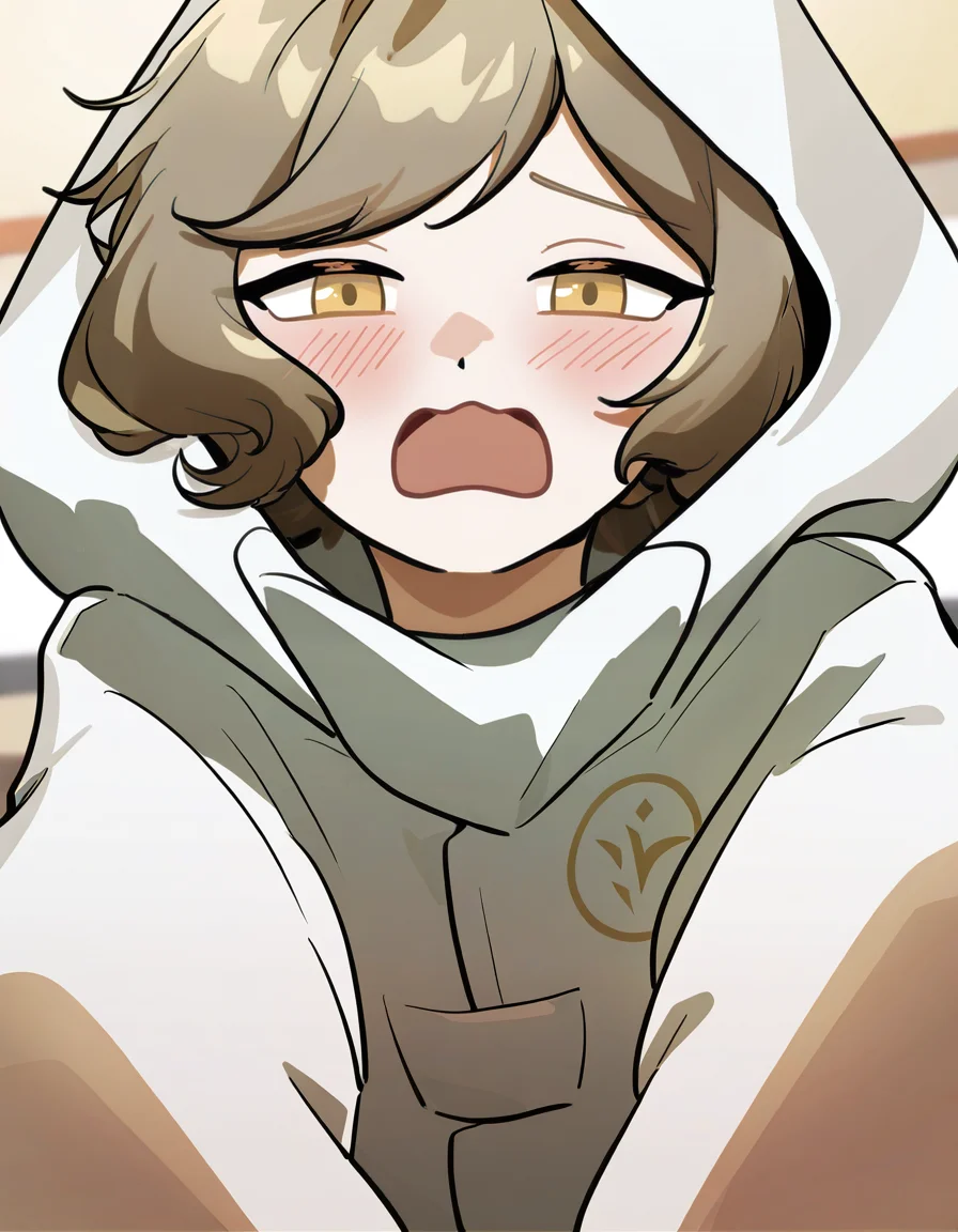 lamiya,anotherstyle,1girl,solo,yellow eyes,blush,looking at viewer,open mouth,brown hair,bangs,hood,<lora:lamiya_noob>,
masterpiece,best quality,very aesthetic,absurdres,