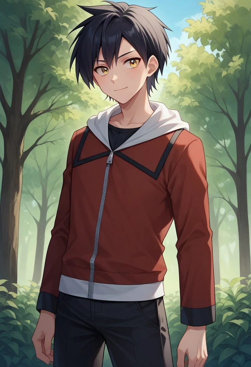 score_9, score_8_up, score_7_up, source_anime, highly detailed, 
pokegold, 1boy, male focus, solo, jacket, pants, black hair, closed mouth, long sleeves, red jacket, hood, white hood, short hair,  zipper pull tab, bangs, standing, yellow eyes, shirt, black pants, black shirt, smile,
outdoor, tree, sky,